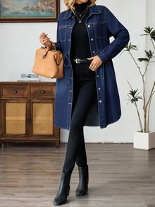 EMERY ROSE Women's Casual Drawstring Waist Denim Coat Fall Winter - Dark Wash - View 1