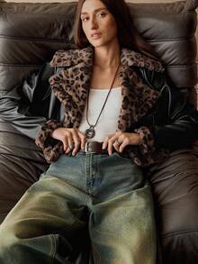 Women's Autumn/Winter Hippie Style Short PU Patchwork Faux Fur Leopard Print Lapel Long Sleeve Jacket Coat - Black - View 5