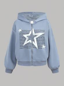 Girlism 少女星形图案银蓝色连帽运动衫和工装裤运动套装，百搭 - 藍色 - 查看 11