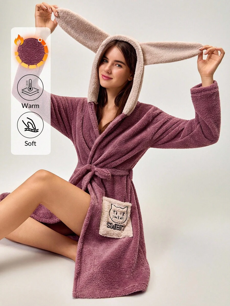 Loomlin Women's CAT Embroidery 3D Ear Design Hooded Belted Flannel Robe,Soft Fluffy Winter Robes For Women - Multicolor - View 1