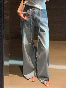DAZY Striped Drawstring Wide Leg Straight Jeans, Versatile & Loose - Light Wash - View 6