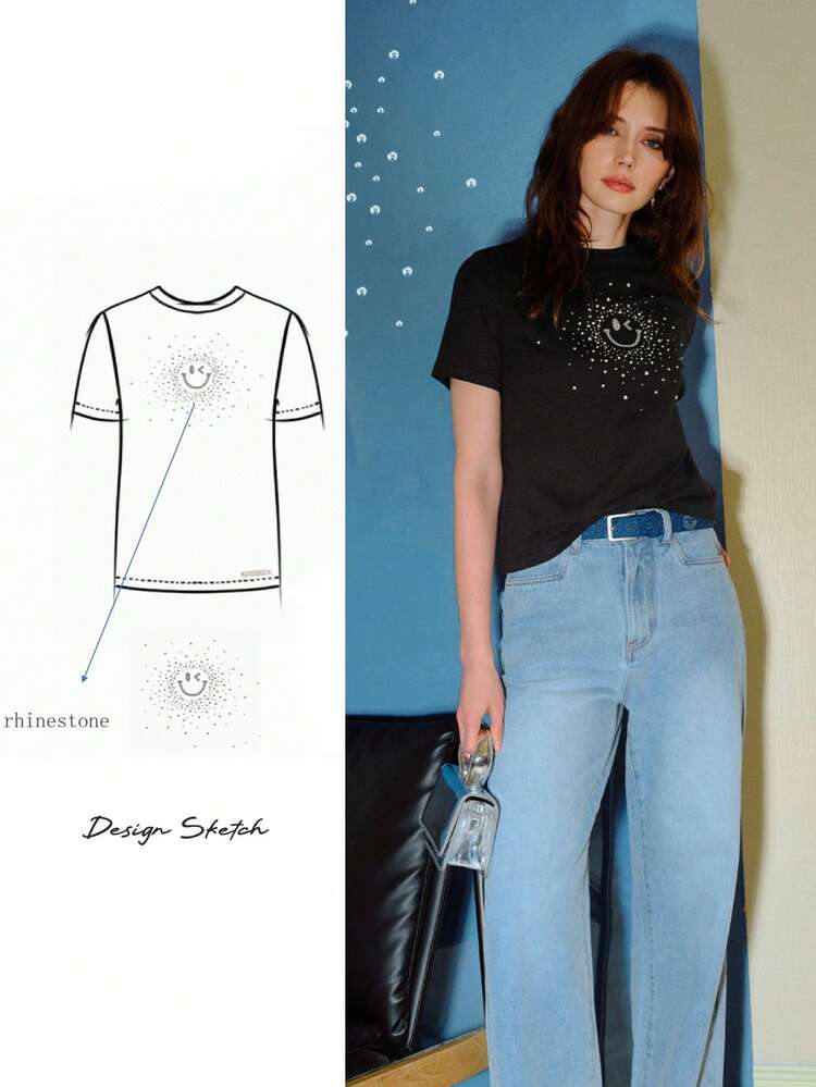 S.W.Smiley x MOTF Camiseta de manga corta con estampado de dibujos animados con strass