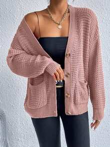 Women's Solid Color Drop Shoulder Long Sleeve Single-Breasted Casual Pocket Cardigan, Autumn,Cardigans,Petite,Tall
