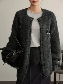 DAZY Loose Business Casual Chic Street Elegant Sequin Beaded Knit Cardigan For Women, Suitable For Autumn & Winter, New Year & Christmas - Black - View 8