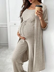 SHEIN 2pcs Maternity Ribbed Long Sleeve Cardigan And Drawstring Waist Jumpsuit Casual Set, Autumn - Apricot - View 5