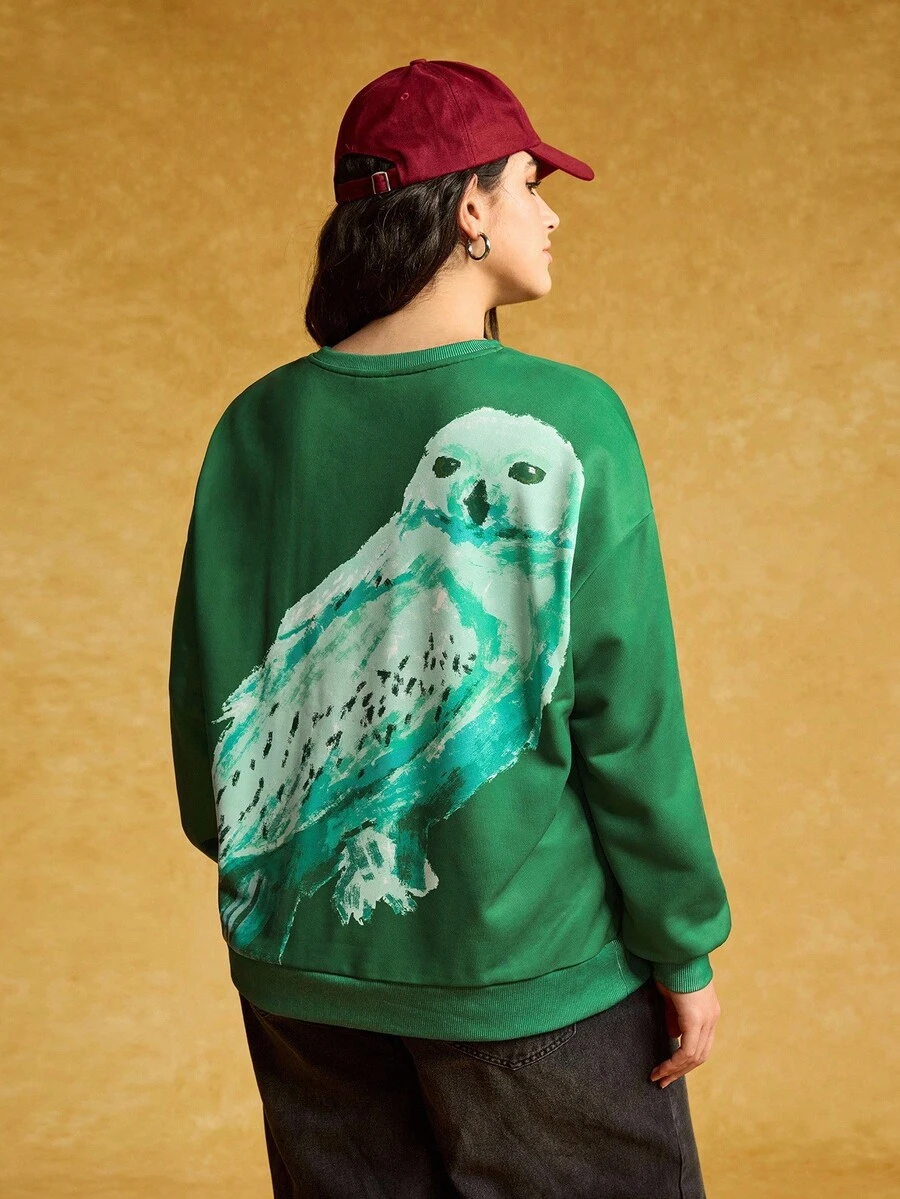 HARRY POTTER X SHEIN Áo nỉ chui đầu cổ tròn tay dài họa tiết cú cỡ lớn màu xanh lá cây - màu xanh lá - Xem 1