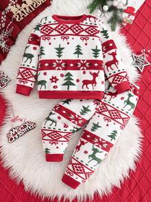 2 pièces Ensemble de pyjama à col ras-du-cou à manches longues en polaire avec renne de Noël pour garçons, cadeau de fête - Rouge - Voir 7