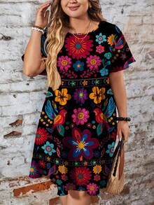 EMERY ROSE 休闲简约全印花花卉图案黑色大码连衣裙，适合夏季 - 彩色 - 查看 6