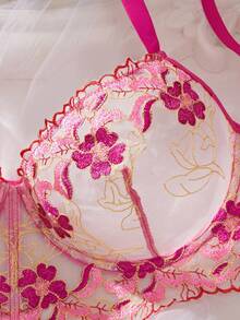 2件套加大码女士花卉刺绣网眼性感文胸和内裤套装 - 玫紅色 - 查看 4