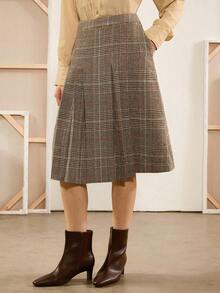 Florisole Falda a cuadros elegante para mujer, adecuada para ir al trabajo - Marrón - Ver 1