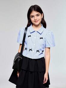 Ontre Tween Girl Striped Petal Sleeve Blouse And Mini Skirt 2 Pieces Set,Black And White,Summer,Cute,School,Back-To-School Teenager Girls Shirt With Bows - Blue - View 3