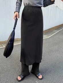 FRIFUL Women's Black Solid Color Elastic Waist Casual Pants, Versatile Leggings For Autumn - Black - View 1