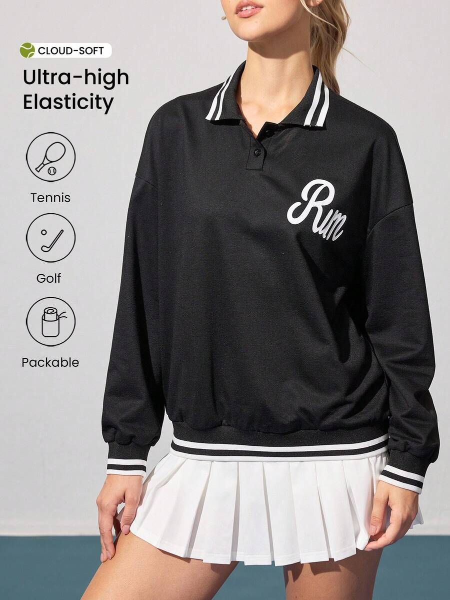Gameset SHEIN Sport 女式字母条纹 Polo 领宽松长袖运动衫 - 黑色 - 查看 1