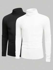 SHEIN 2pcs/Set Teen Boys' Basic Black & White Slim Fit Crew Neck Long Sleeve T-Shirts, Casual, School, Comfortable, Versatile, Soft Fabric, Suitable For Daily Wear, School, Outings, Outdoor Activities, Underwear,Home, Autumn/Winter Turtleneck Long Sleeve Shirts Long Sleeve Turtleneck Tops Basic Turtleneck Tops Fall Autumn And Winter Turtleneck Boys Long Sleeve Boys Turtleneck Tight Turtleneck