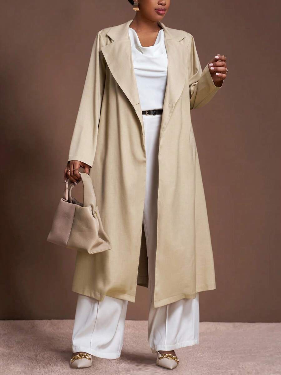 Veslaya Plus Size Women's Solid Color Lapel NeckLong Sleeve Long Casual Blazer Jacket In Fall/Winter - Khaki - View 1