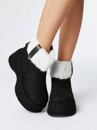 Kawaii Botas de mujer blancas con pelo, con cremallera lateral, plataforma con cuña, tacón gótico y cálidas botas de tobillo