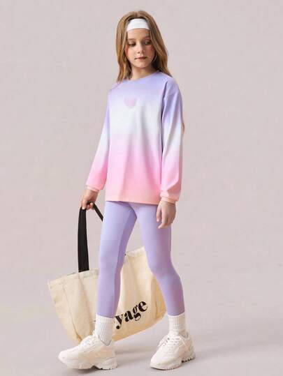 SHEIN 青少年女孩两件套：长袖渐变印花 T 恤 + 紧身裤，休闲瑜伽健身跑步弹力彩色校园街头时尚运动服