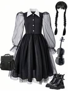 Tween Girl Contrast Collar Flounce Sleeve Mesh Hem Dress Fall Winter  Christmas Costumes - Black - View 8