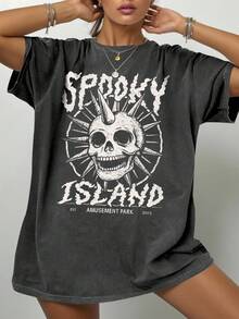 SHEIN LUNE Plus Size Casual Skull & Letter Print T-Shirt, Summer - Dark Grey - View 4