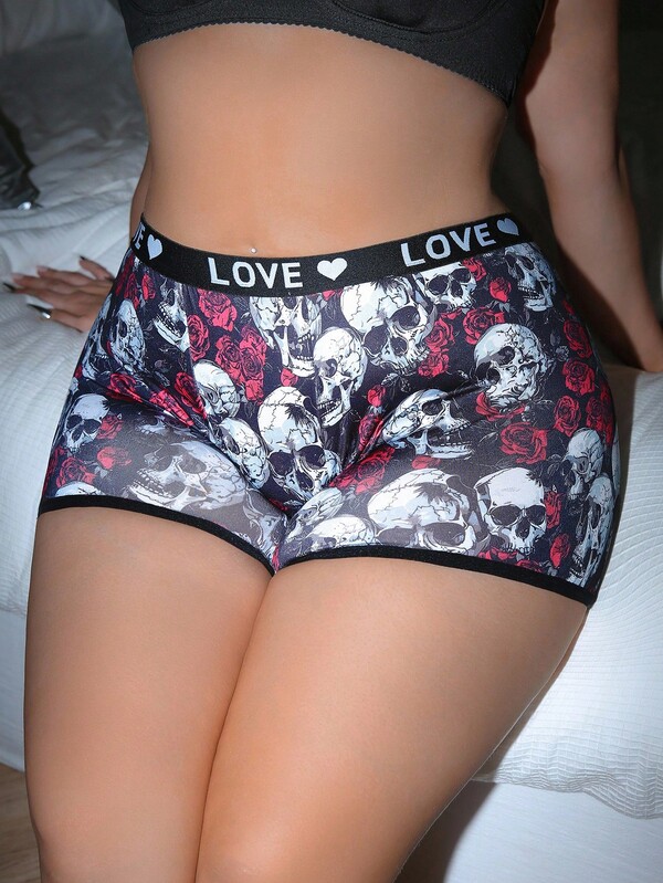 AltCore 1pc Women Plus Size Skull Print Boxer Briefs, Halloween Boxers For Women Women Boxer Panties Skull Print Boxers