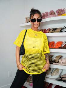 SAYEHFBABY Music Festival Black Versatile Sexy Casual Loose Mesh Crochet Women's Short Sleeved T-Shirt Top - Yellow - View 5