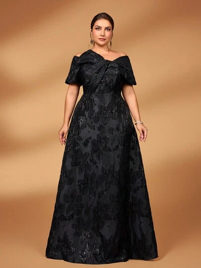 Serin 大码秋冬优雅华丽黑色纱染提花缎面露肩不对称蝴蝶结设计A字裙摆连衣裙，适合晚宴、约会、节日、舞会、婚礼、晚宴、新娘、母亲礼服、婚礼宾客、情人节等场合。