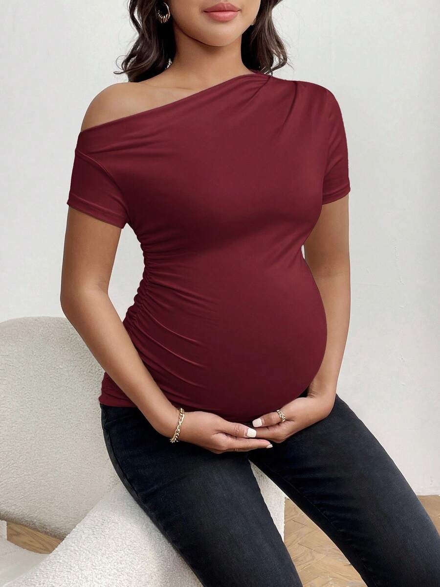 SHEIN Maternity Casual Everyday Solid Color Asymmetrical Neck Ruched Fitted T-Shirt, Summer - Burgundy - View 1