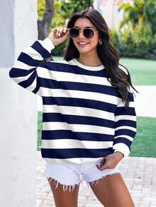ReShift Sweat-shirt-shirt col rond à manches longues imprimé de rayures bleues et blanches, grande taille - Multicolore - Voir 5