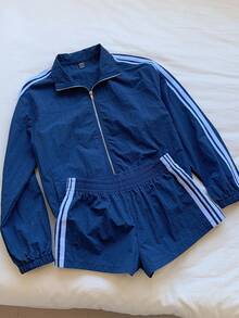 Comfortcana Women's Fall Casual Commuter Contrast Stripe Jacket And Shorts 2 Pieces Set Navy Blue Jacket Women Track Jacket,Halloween Outfit