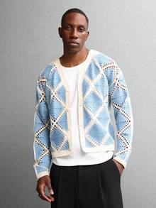 SUMWON 短款男士格子钩针开襟长袖针织开衫毛衣秋冬休闲分层外套 - 藍白色 - 查看 8