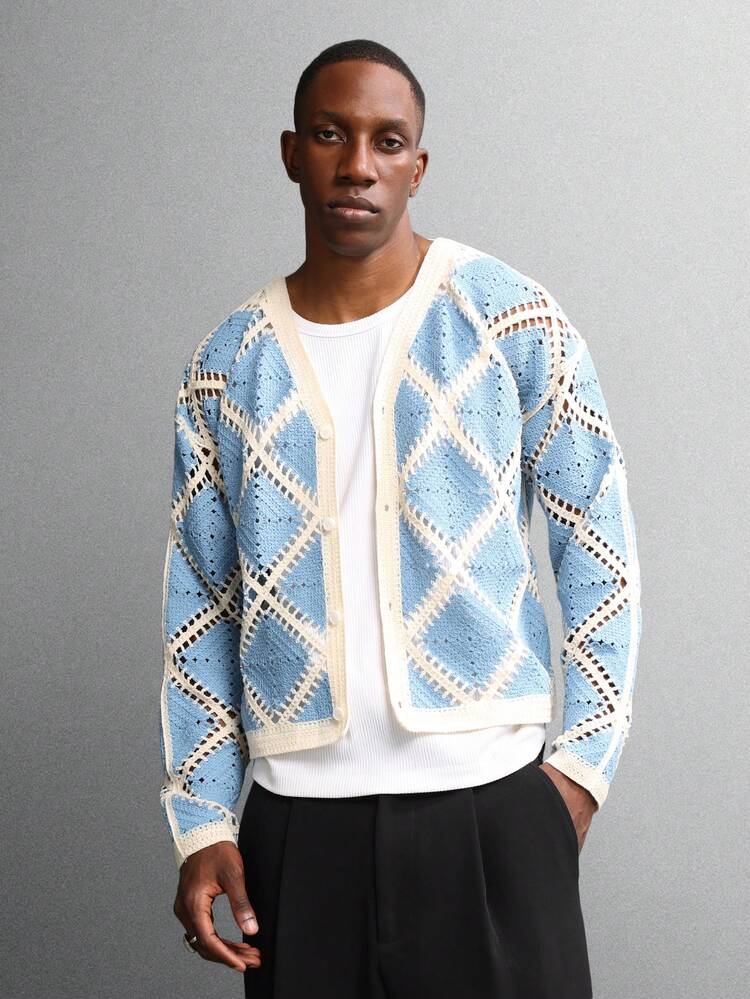 Cárdigan de punto abierto con mangas largas y diseño de crochet enrejado