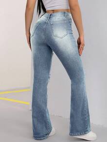 EURMUSE Quần jeans ống loe rách cạp cao thời trang dành cho nữ - Rửa nhẹ - Xem 2