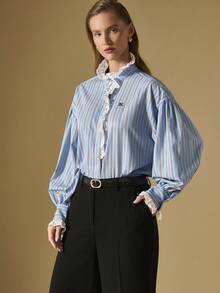 Briarwyn Women's Fashion Commuter Striped Lace Trim Blouse,,Old Money Style Women,Fall Clothes For Women - Blue - View 2