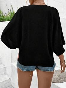 EMERY ROSE Plus Size Women's Black Elegant Summer Everyday V-Neck Raglan Sleeve Button Decor Beach Resort Jacquard Versatile Blouse With Design Details - Multicolor - View 2