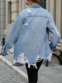 EURMUSE 女式休闲时尚街头风格翻盖口袋做旧超大牛仔夹克，春秋季 - 淺色水洗藍 - 查看 2