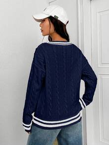 Women's Striped V-Neck Dropped Shoulder Long Sleeve Cable Pattern Regular Sweater, Autumn,Jumper,Cream Jumper,Jumpers,Christmas Jumper,White Jumper,Black Jumper,Ladies Jumper,Women's Jumpers