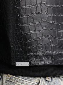 SUMWON Leather Look Embossed Long Sleeve Button Down Shirt Crop Fit Shiny Black Faux Leather Textured Jacket Style Statement Piece Plain - Black - View 6