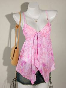 SHEIN ICON Áo ba lỗ và áo hai dây họa tiết hoa phong cách phương Tây dành cho nữ, đi biển mùa hè Boho Hawaii - Màu tím hoa cà - Xem 4