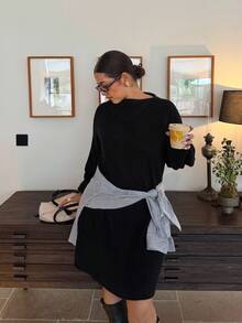 Dripcurv Plus Size Women's Casual Black Knit Dress, Minimalist Daily Wear, Retro Vintage Style, Suitable For Autumn/Winter And New Year - Black - View 1
