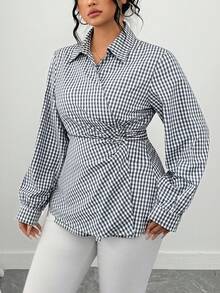 Elenzga Chemise à manches longues à carreaux bleus et blancs de style minimaliste pour femmes grandes tailles - Bleu azur - Voir 3