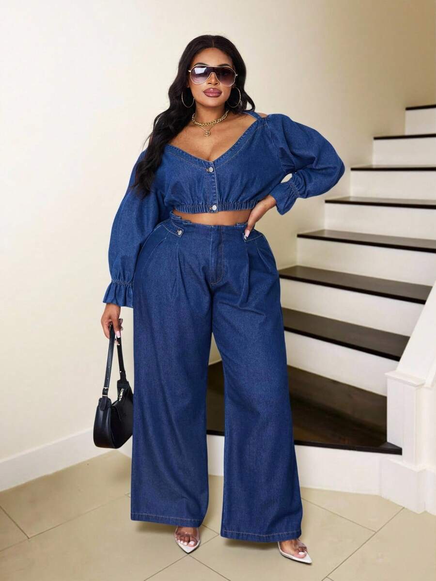 Slaydiva Plus Size Women's Button Front Crop Denim Top, Casual Fairycore Cowgirl For Summer Vacation - Dark Wash - View 1