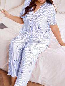 Snug Zone 2pcs Soft & Skin-Friendly Striped Bow Print Short Sleeve Top And Pants Pajama Set Blue And White Pajamas Button Up Pajama Set - Purple - View 4