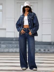 SHEIN Forever 21 Women's Casual Loose Fit Pockets Denim Jeans - Navy Blue - View 10