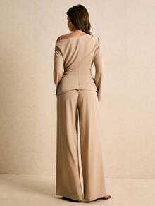 Poéselle Conjunto de top con hombros oblicuos y pantalones de unicolor casual