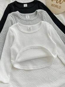 SHEIN LMoss Kids Cute Baby Girl Black And White T-Shirt Pack,Casual Holiday Autumn Round Neck Asymmetrical Hem Babydoll Top,Simple Vintage Style Birthday Party Suit - Black - View 7