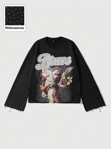 ROMWE MEN Street Life Áo thun nam tay dài dáng rộng in họa tiết cổ điển đính đá Rhinestone, mùa thu - màu đen - Xem 1