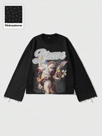 Street Life T-shirt à manches longues ample et court avec imprimé graphique vintage, orné de strass, automne