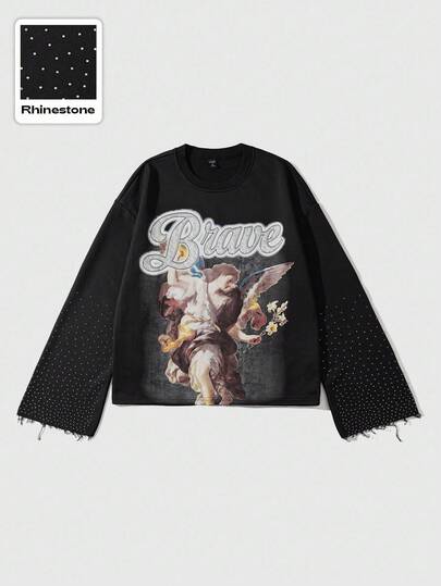 Street Life Men's Vintage Graphic Print Sleeve Rhinestone Embellished Loose Cropped Long Sleeve T-Shirt, Fall