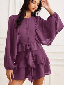 EMERY ROSE Women's Autumn/Winter New Lantern Sleeve Solid Coffee Color Loose Round Neck Versatile Button Layered Ruffle Hem Long Sleeve Flowy Mini Dress - Purple - View 3