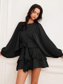 EMERY ROSE Women's Autumn/Winter New Lantern Sleeve Solid Coffee Color Loose Round Neck Versatile Button Layered Ruffle Hem Long Sleeve Flowy Mini Dress - Black - View 6